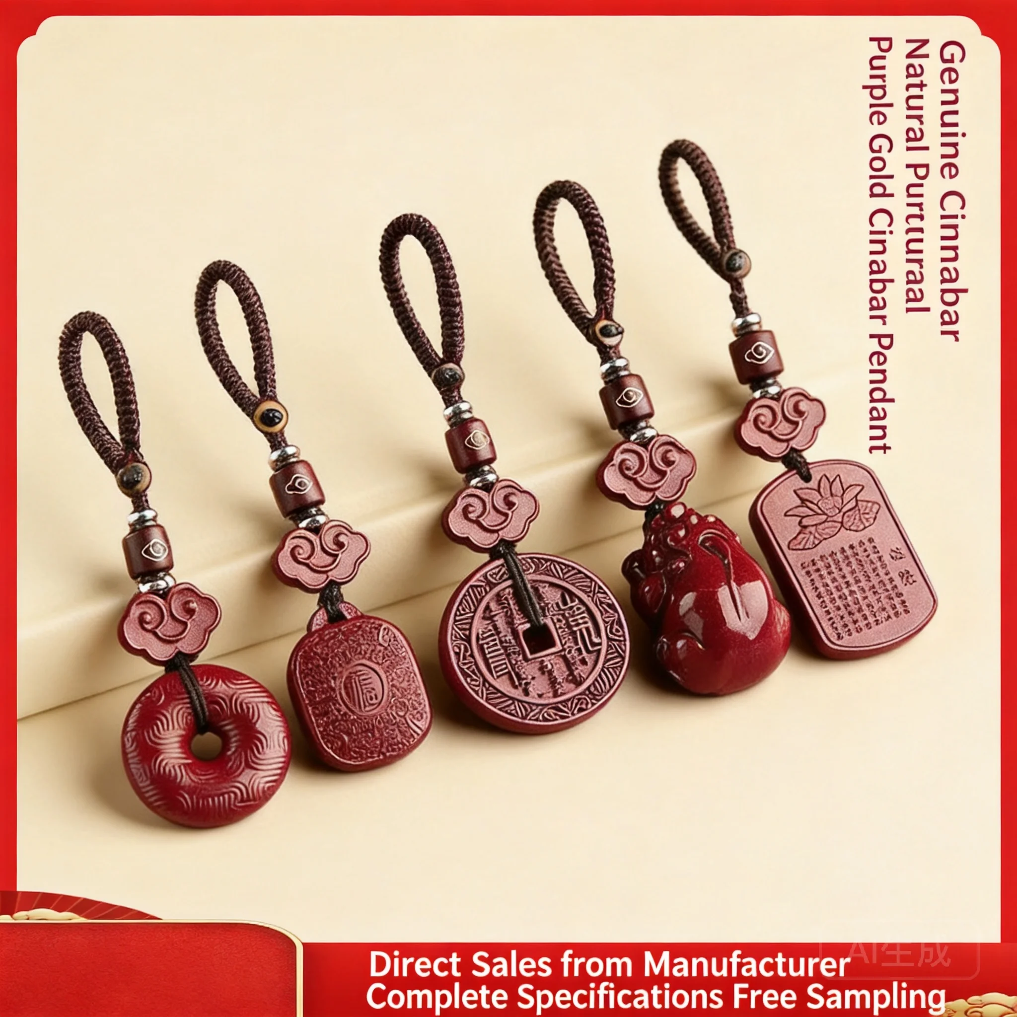 Chinese Traditional Natural Cinnabar Keychain Lucky Pixiu Mountain Ghost Coin Peace Buckle Heart Sutra Tag Wealth Blessing Good