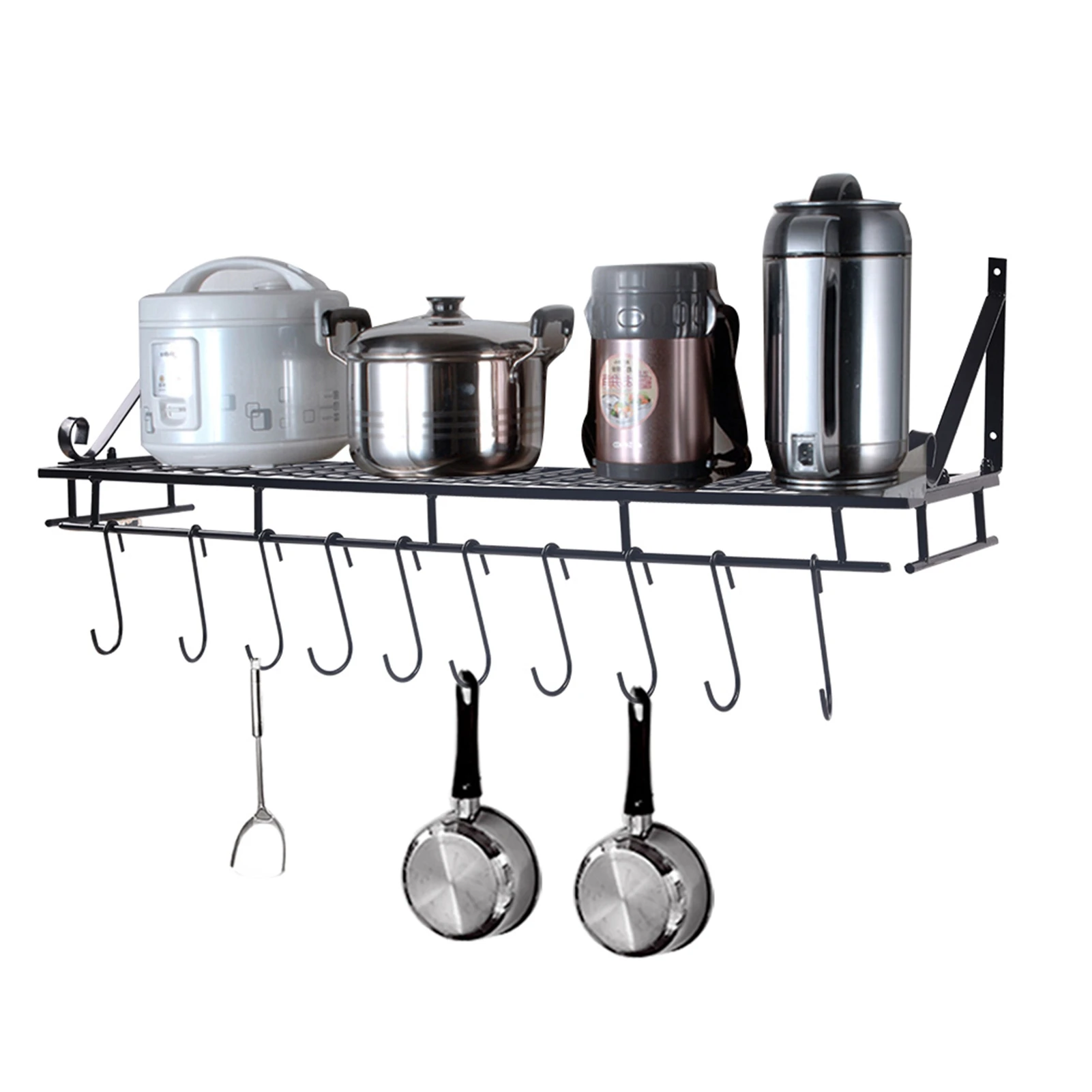 Kitchen Storage Rack Pan Rack Pot Rack Metal Hanging Pan Pot Rack Wall Mounted with 10 Hook Holders Kitchen Storage Organizer