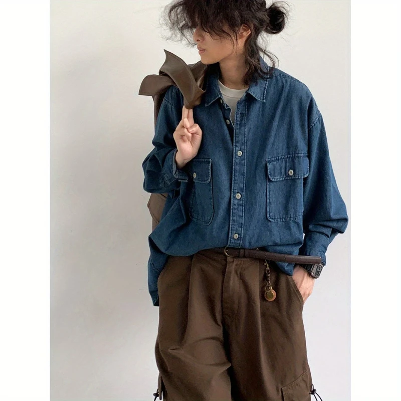 2024 Spring Casual Men Set Retro Simplicity Pocket Denim Shirt+big Pocket Street Hip-hop Cargo Pants 2-pcs Japanese Fashion Suit