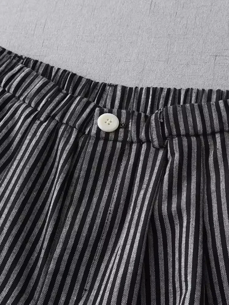 Pantalones de pierna ancha a rayas Vintage para mujer, pantalones bombachos holgados informales con cintura elástica, hasta el tobillo, novedad de otoño, 2024