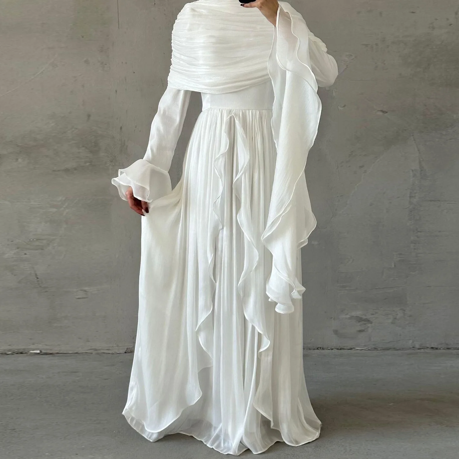 

Ruffles Modest Muslim Dresses for Women Flare Sleeves Abaya Wrinkle Evening Party Maxi Dress Islam Clothing Kaftan Robe Turkey