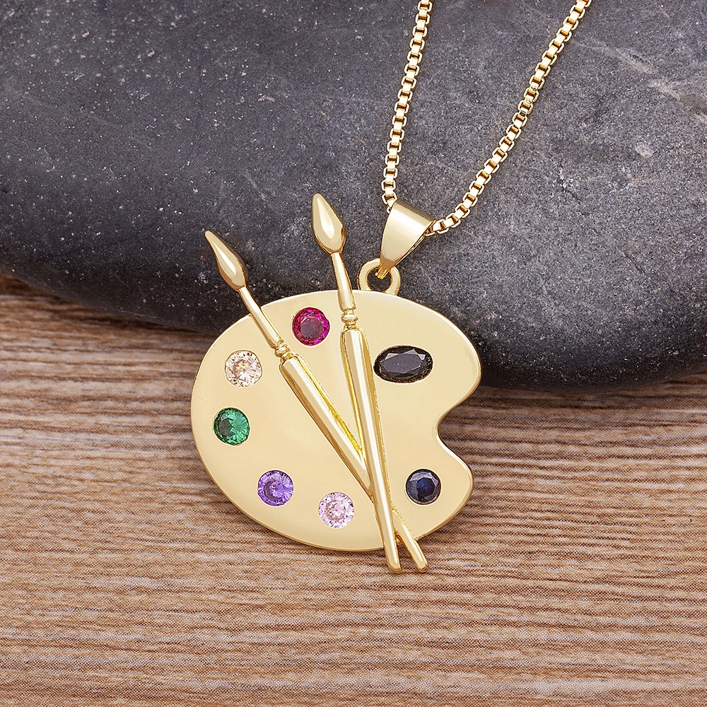 Hot Sale Fashion Painting Plate Colorful Zirconia Pendant Necklace For Women Art Pigment Palette Draw Brush Chain Link Jewelry