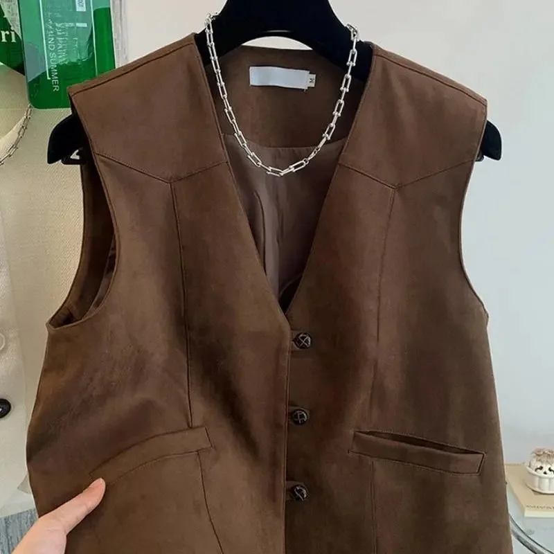 

Faionable Retro Suede Vest Women's V-ne Casual Hong Kong Sle Layering Top Small Jaet Spring New Arrival