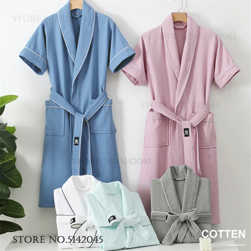 

Новинка Весна-Лето: Парный халат из 100% хлопка, домашнее платье, кимоно с коротким рукавом, вафельный халат, свободная повседневная одежда для сна и отдыха