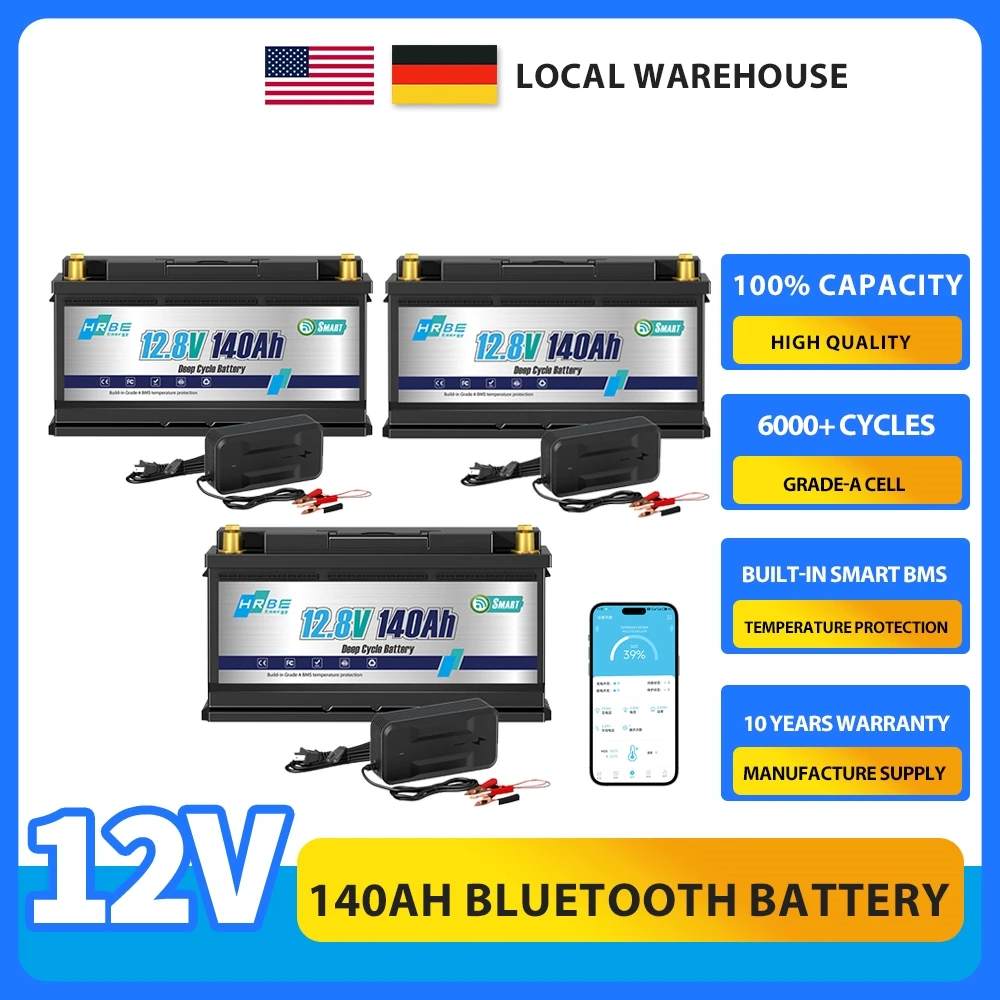 

3Pack 12V 140Ah LiFePO4 Lithium Battery Bluetooth 6000+ Deep Cycle Battery for RV,Marine,Off-Grid Applications With Charger