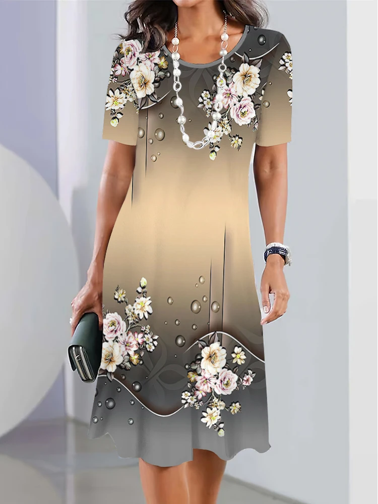 Nowa Sukienka w Kwiaty z Krótkim Rękawem w Stylu Boho na Wakacje Letnie Sukienki w Linii A Odzież Damska Plus Size z Kwiatowym Nadrukiem