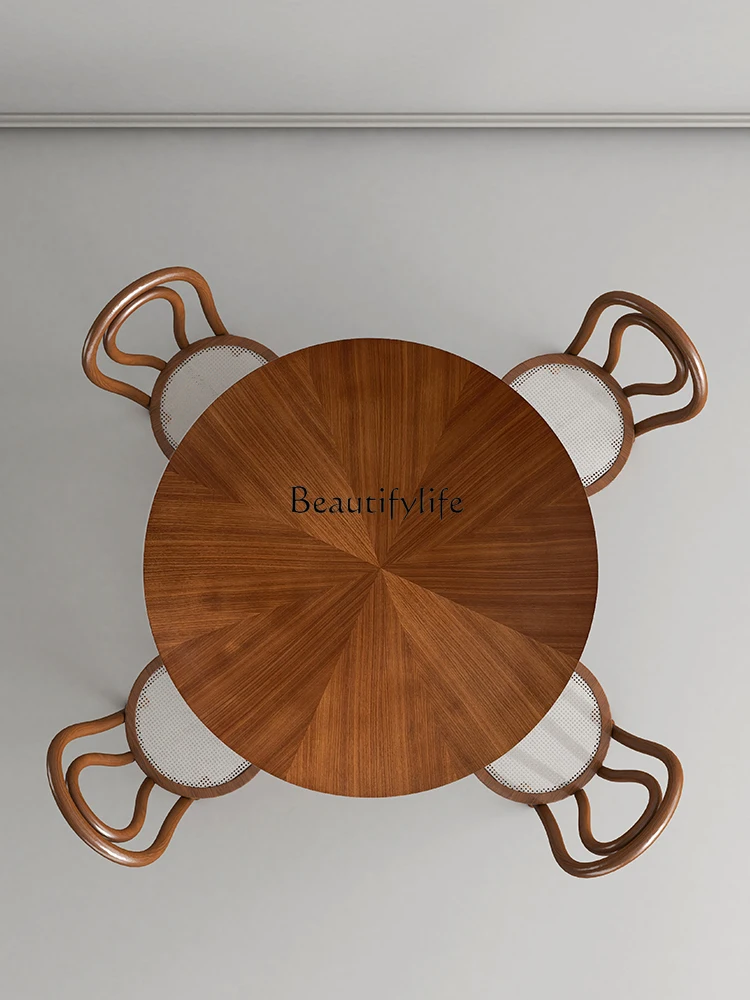 

American Retro Style Solid Wood Round Table Black Walnut Household Small Apartment Dining Tables and Chairs Combination