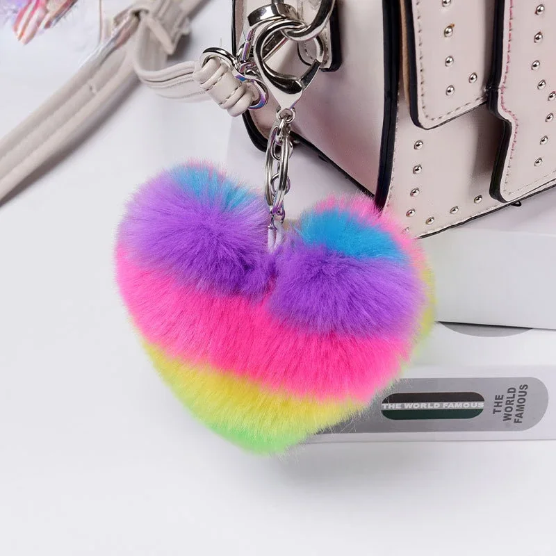 Coração pompons chaveiro arco-íris pom-pom chaveiros senhoras bolsa chaveiros acessórios artesanais chaveiros pingente decoração