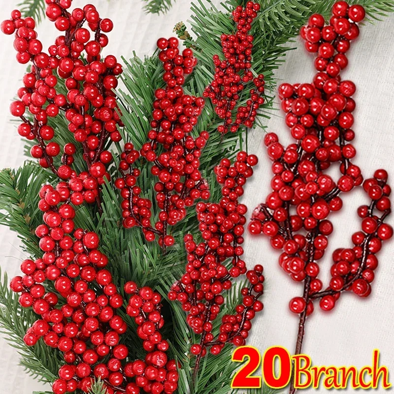 20/1pcs Christmas Red Berries Branches Artificial Holly Berry Stamen Plants Flowers Wreath Ornaments Xmas Tree Party Home Decor