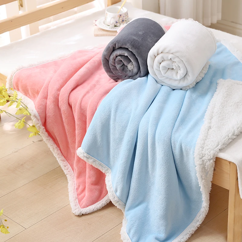 Solid color double-layer blanket, soft and fluffy for comfort, long plush thickened warm air conditioning blanket cover