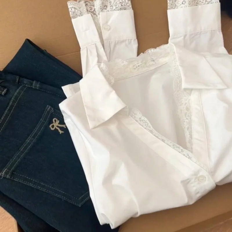 

Lace Splice Long Sve Ne irt Women's Loose Fit Mid-Length White Sun Protection Top Spring Season Faion Ladies' P...