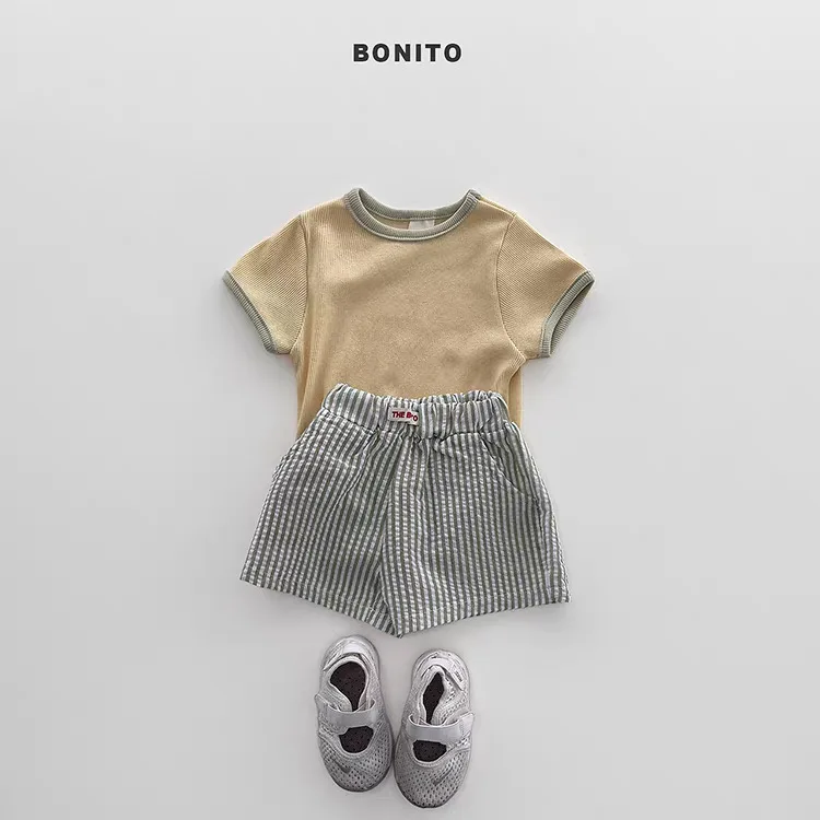 Summer Baby Short Sleeve Casual Clothes Set Children Solid T Shirts + Striped Shorts 2pcs Suit For Boys Girls Outfits  -125