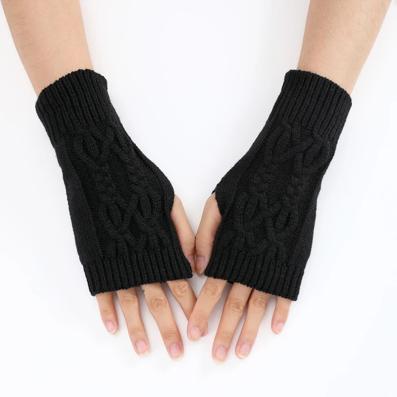 Warm Fingerless Wrist Gloves Women Winter Knitted Half Finger Arm Cover Long Sleeve Gothic Crochet Twist Pattern Mittens