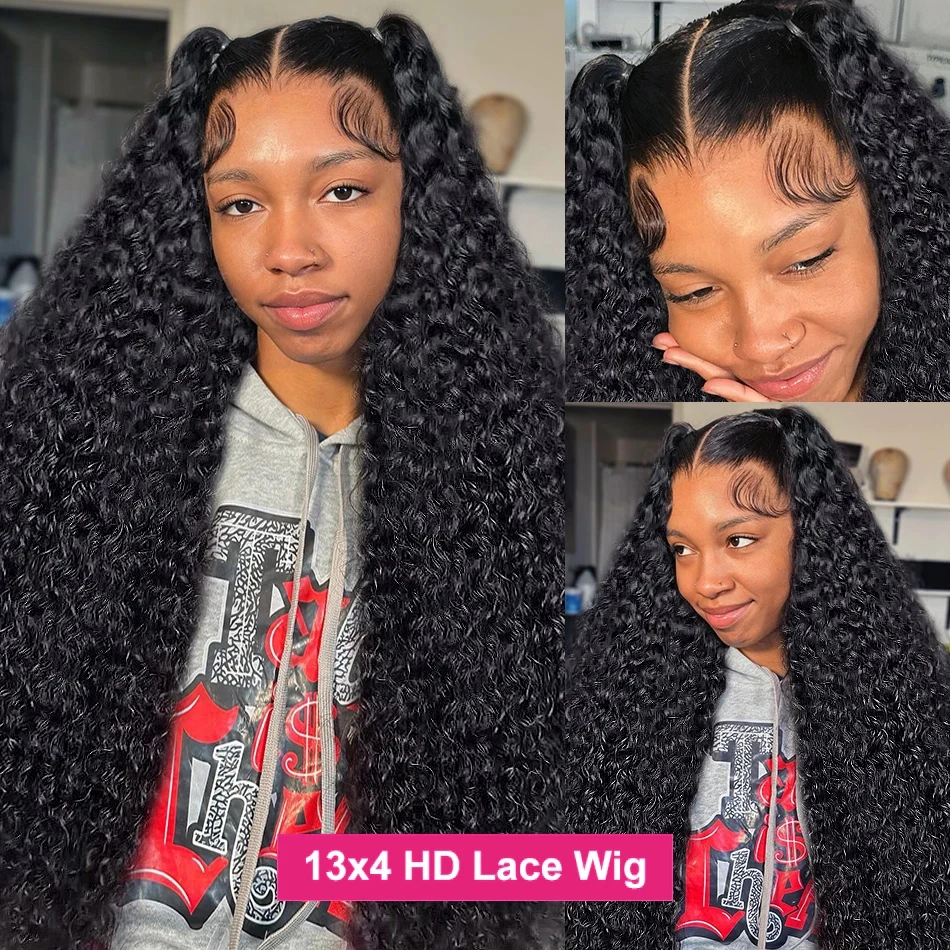 Perruque Lace Front Wig Naturelle Bouclée, Cheveux Humains, Deep Wave, HD, 4x4, 13x6, 30-36 Pouces, Densité 250, pour Femme