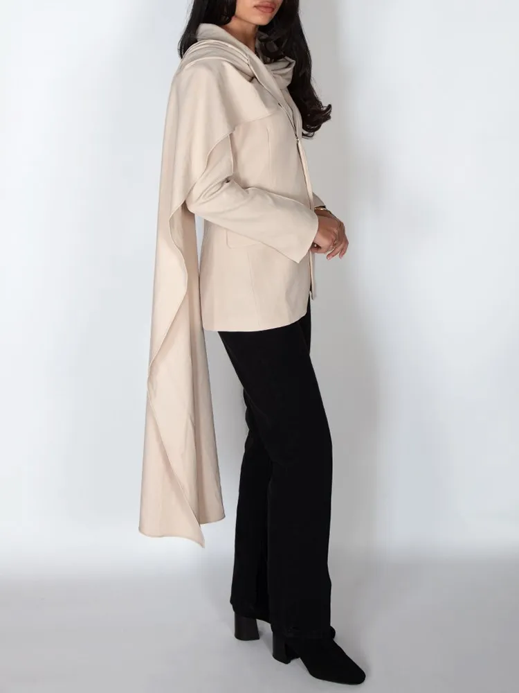 TWOTWINSTYLE Solid Asymmetrical Designer Blazer For Women Scarf Collar Long Sleeve Spliced Pocket Casual Blazers Female Fashion