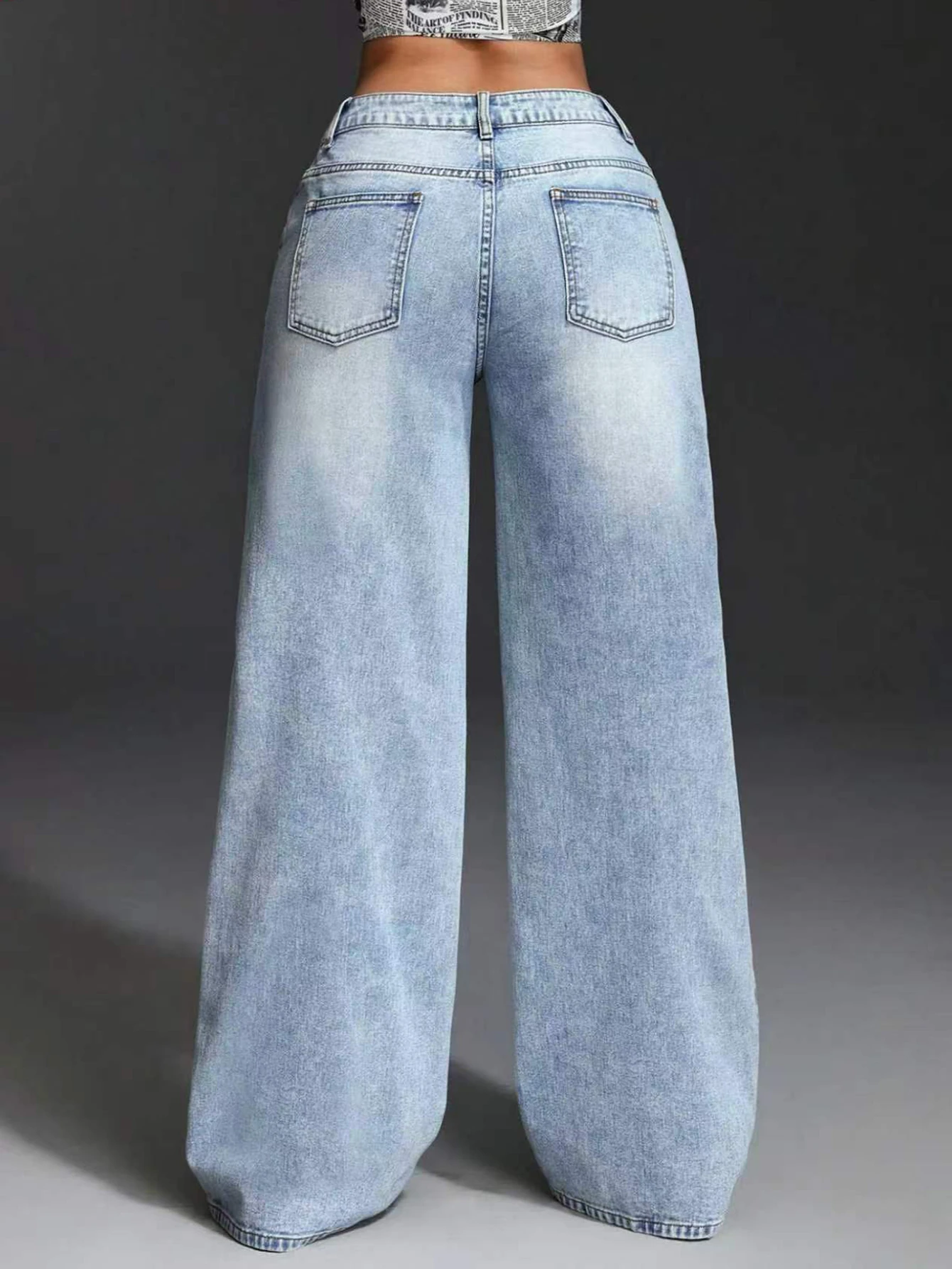 Women's Rivet Wide Leg Jeans Light Blue Washed Denim Pants Mid Waist Streetwear Punk Studded Loose Y2K Fashion Casual Trousers