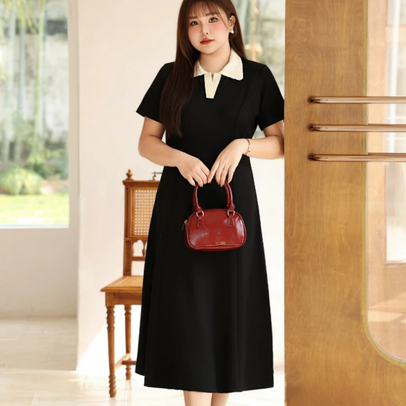 Woven Polo Collar A Word Thin Small Black Skirt Large Size Women's Long Short Fashion Dresses Korean Style Design Niche Dress