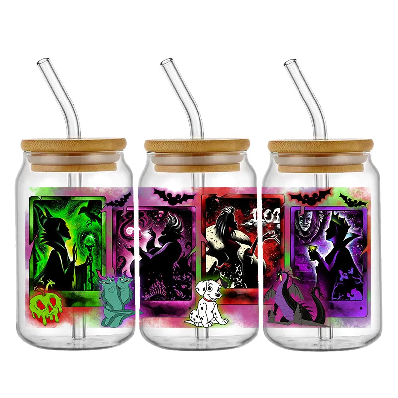 Stiker Disney Villain DTF untuk 16oz 20oz mug kustom UV Halloween stiker Transfer DIY Logo tahan air perekat diri