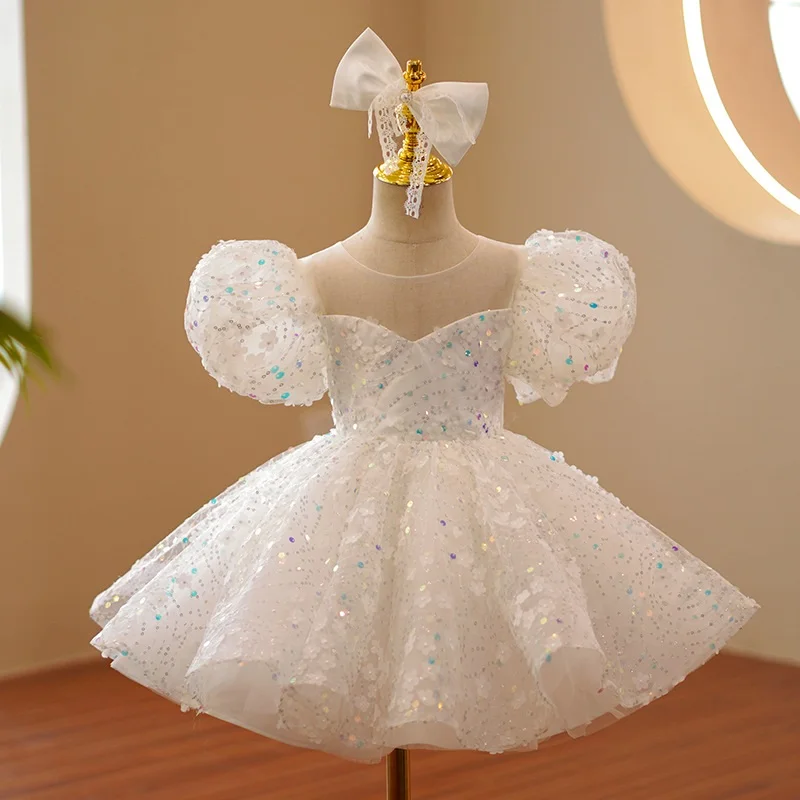 

2023 Girl Princess Vintage Sequins Dress Puff Sleeve Infant Toddler Child Bow Vestido Party Birthday Costume Clothes 1-12Y