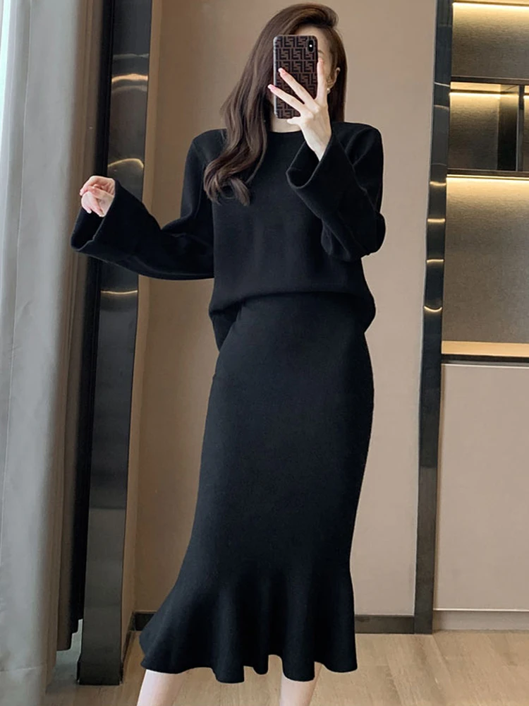 Fashion Design Knitted Two Piece Set Women Elegant O-Neck Long Sleeve Pullover Sweater Tops + Bodycon Mermaid Midi Skirts Suit