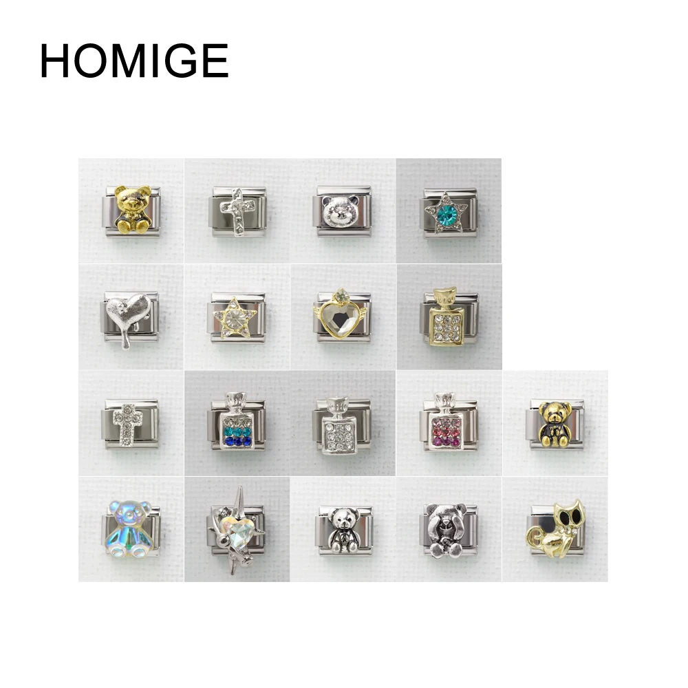 

HOMIGE Bear perfume Cross Heart Pattern Italian Charm Links Fit 9mm Bracelet Stainless Steel Jewelry Making Woman Bijoux Femmes