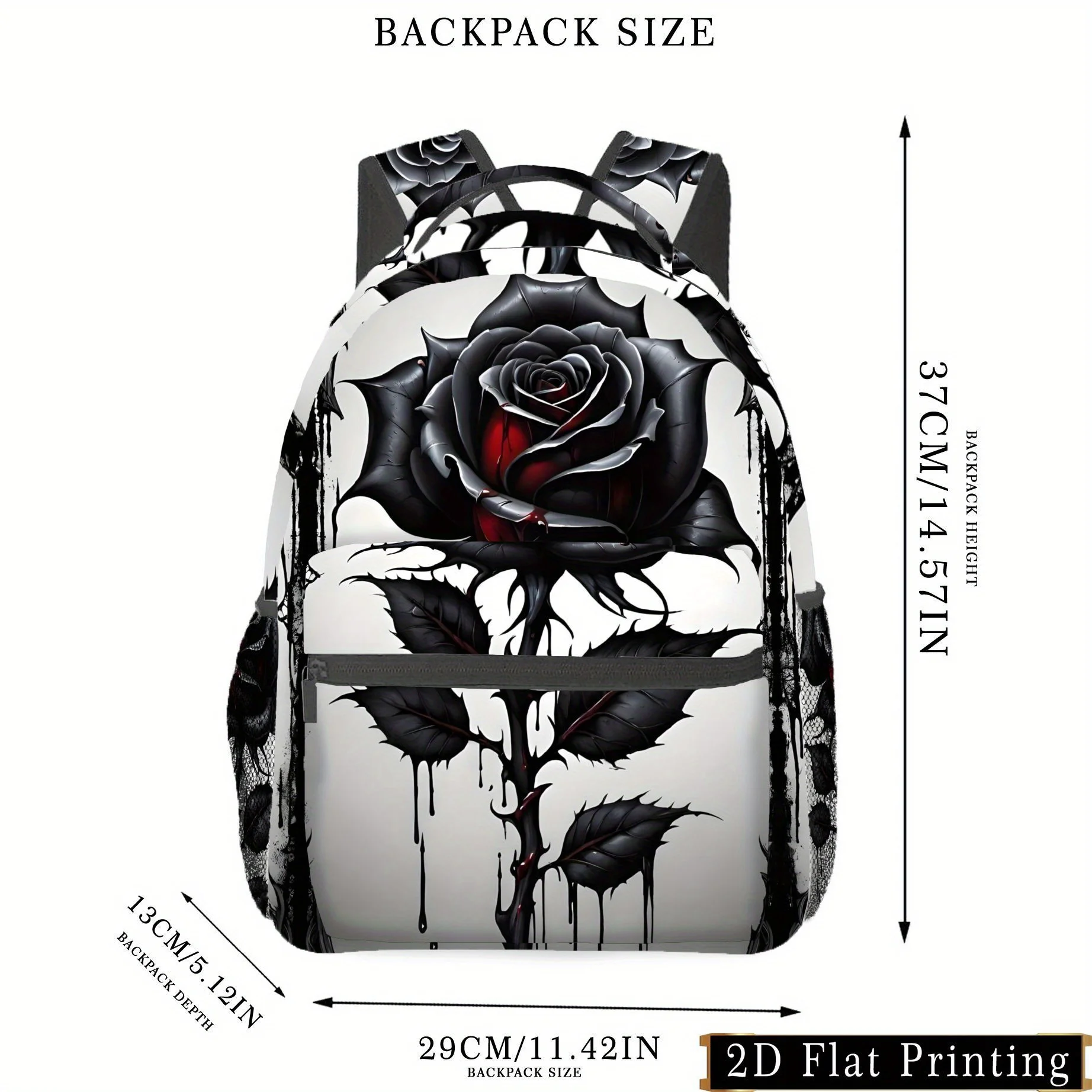 Black Rose Pattern Backpack for Women Vintage Floral Double Shoulder Bag School Bag