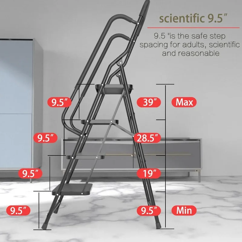 Heavy Duty 4 Step Foldable Ladder with Handrails, Attachable Tool Bag & Anti-Slip Wide Pedal Ladder for Indoor Hanging Paintings