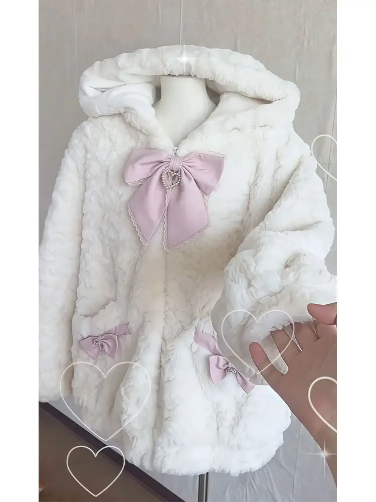 

Winter Japanese Fashion Y2K Vintage Preppy Style Hooded Tops Women Loose Hairy Bow Sweater Coat Casual Retro Elegant Cardigan
