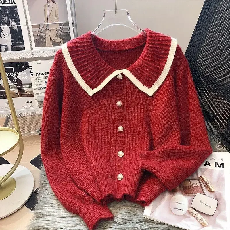 Sweet Vintage Red Knitted Cardigan Pull Femme Doll Collar Autumn 2025 Cropped Sweater Long Sleeve Top Sueters De Mujer Coat