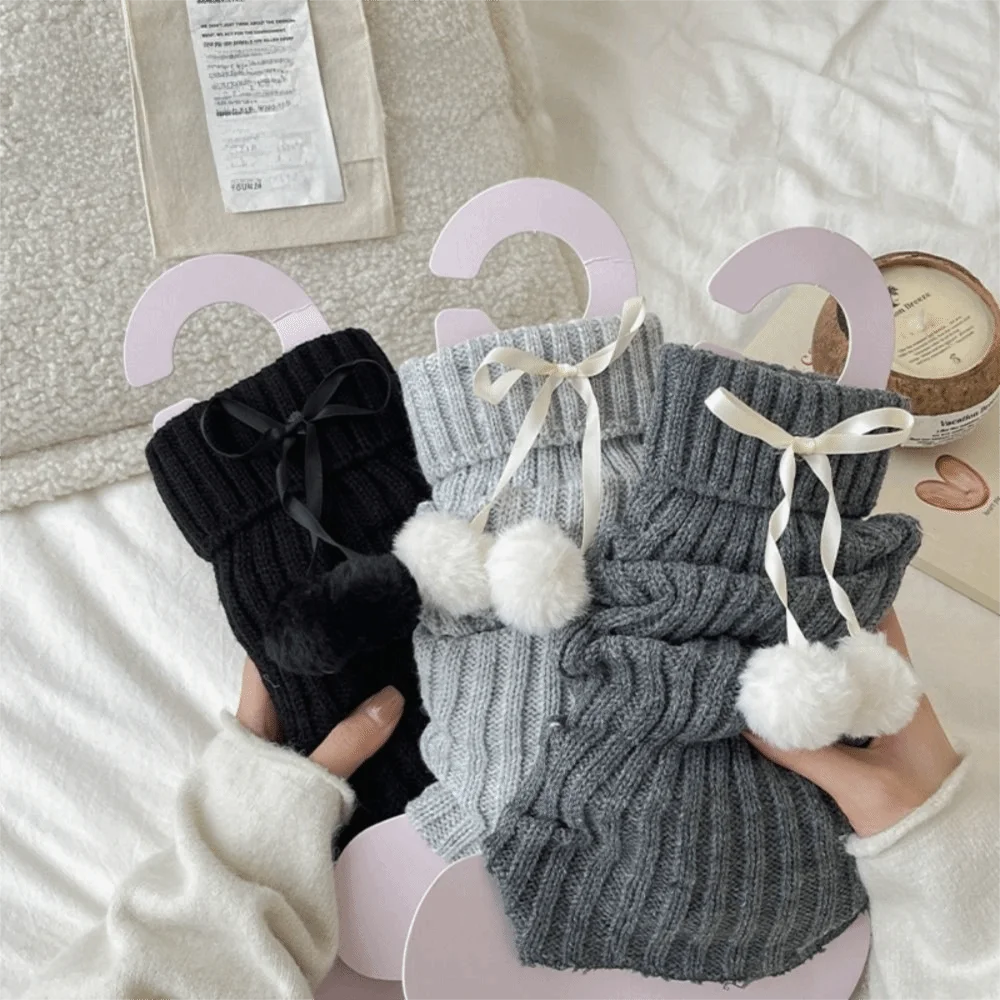 Fashion Solid Color Knitted Leg Warmers Bowknot Hairball Thermal Foot Covers Thickened Non-slip Stacked Stockings Women
