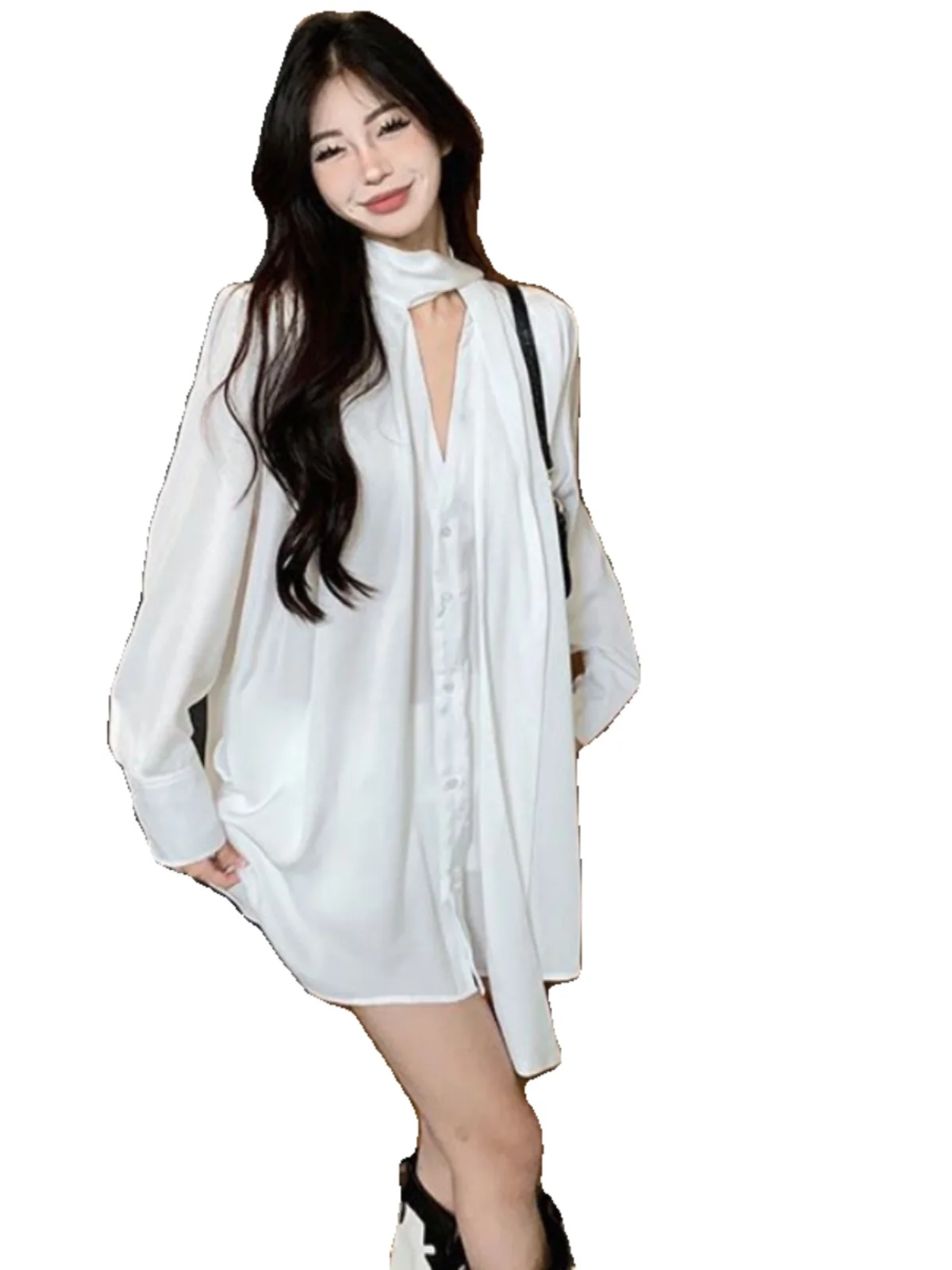 Camisas de manga comprida femininas cetim botão para baixo topos lanterna mangas neutra estilo namorado ajuste relaxado primavera confortável diariamente