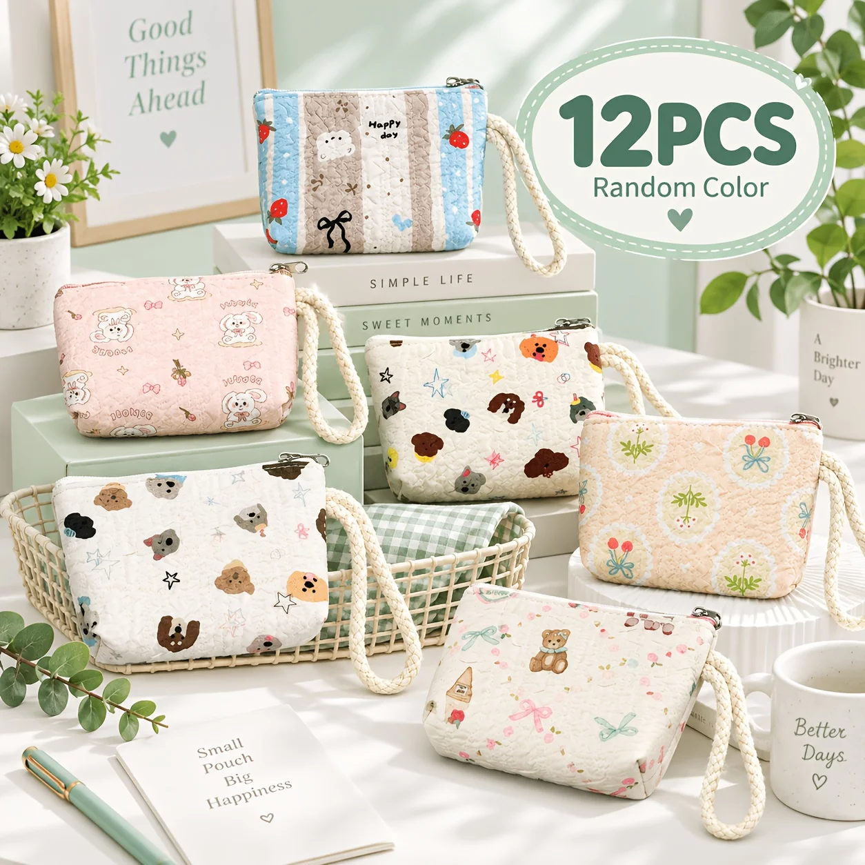 12Pcs Random Mini Zipper Pouch,Cute Printed Coin Purse with Wrist Strap, Storage Bags for Coins, Keys, Earbuds, Cosmetics, Gifts