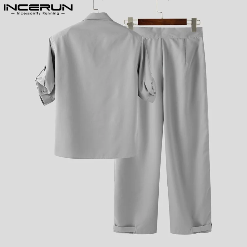 INCERUN Men Sets Solid Color Half Sleeve Shirt & Pants Two Pieces Sets Streetwear Loose 2025 Fashion Men's Casual Suits S-5XL