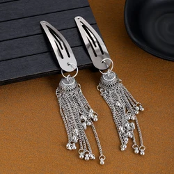 Vintage Long Tassel BB Hair Side Clips Hairpin Girls Women Handmade Ethnic Silver Color Bell Hairpins Indian Hair Accessories