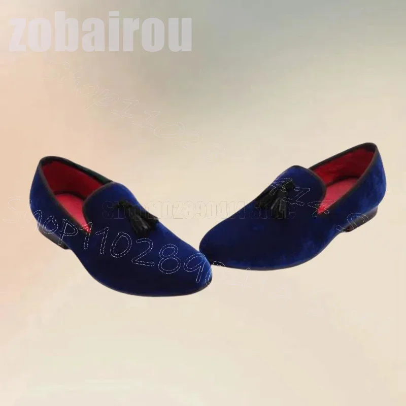 

Blue Corduroy Black Leather Tassels Men Loafers Fashion Slip On Men Shoes Luxury Handmade Party Banquet Dating Men Casual Shoes