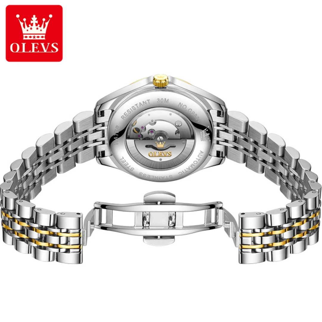 OLEVS 9801 modny zegarek mechaniczny prezent pasek do zegarka ze stali nierdzewnej zegarek z okrągłą tarczą wyświetlacz tygodnia kalendarz świecący