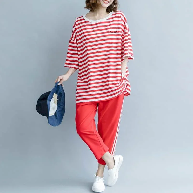 

Literary Pants Sets Oversized Two Piece Sets Korean Fashion Casual Loose Women Suit Short Sleeve Striped T-shirt and Harem Pants