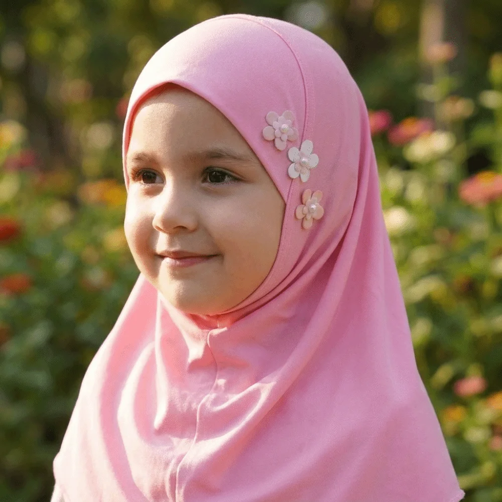 Soft Little Girls Pull-On Hijab Stretch with Floral Ornament Crystal Linen Headscarf Non-slip Solid Colors Head Wrap Turban