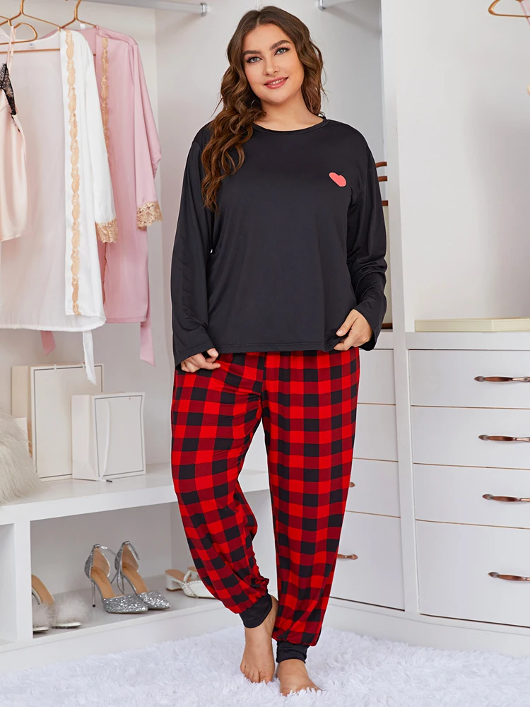 Plus Size XL-5XL Women\'s Fall Pajama Set Long Sleeve T-Shirt and Check Pants Sleepwear Plaid Causal Homewear Cloth 2 Pieces