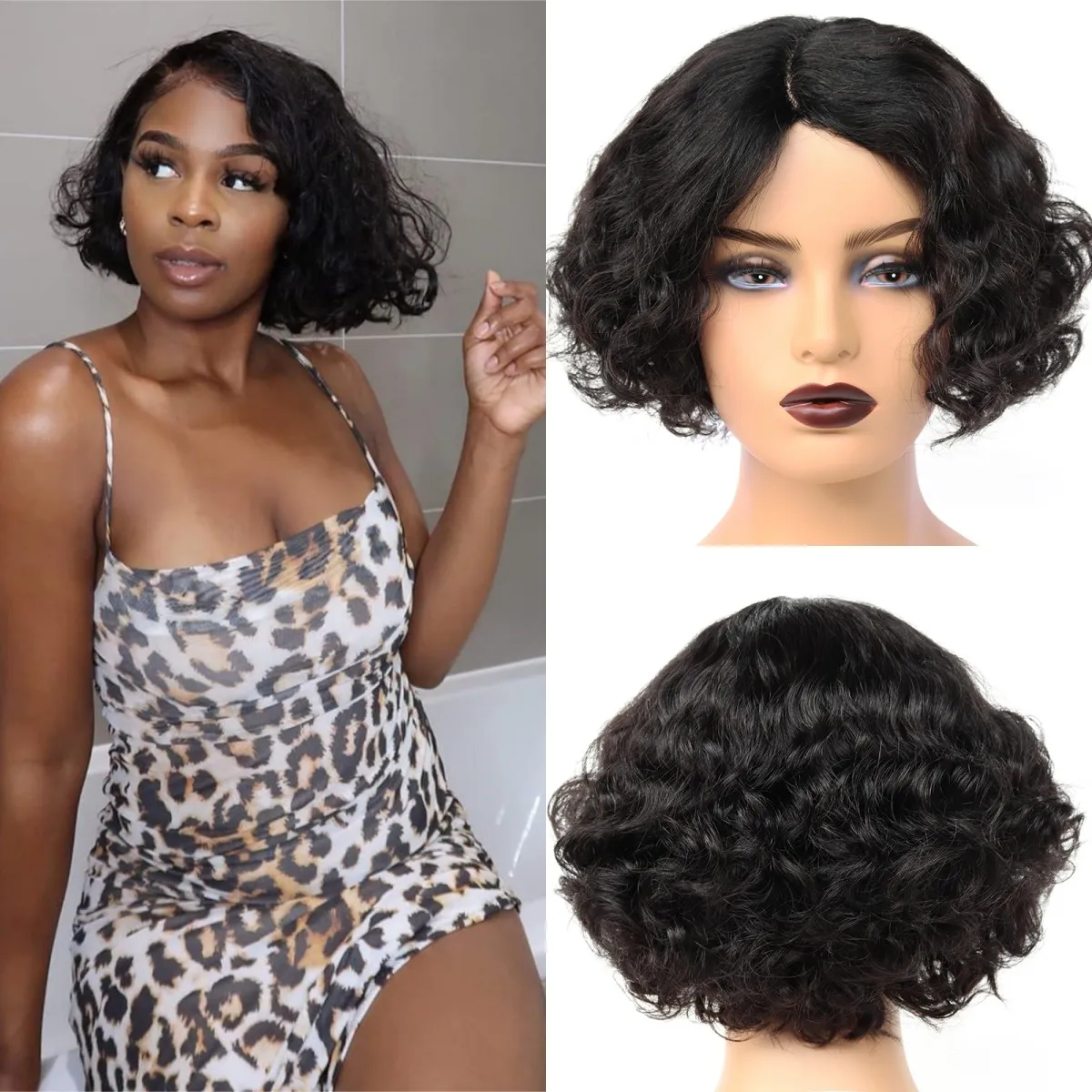 Black Bob Lace Front Human Hair Wig Short Curly Natural Human Hair Middle Part Daily Use Human Hair for Black Women Afro Wigs