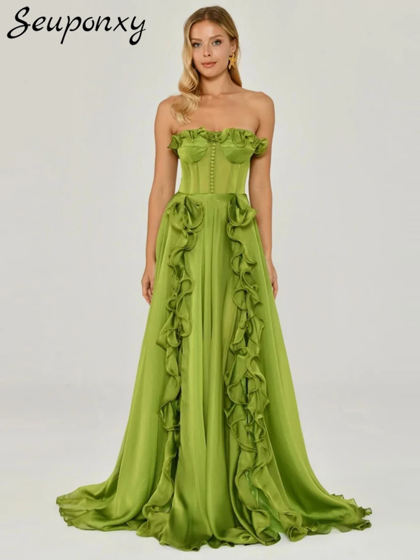 

High Quality Women'S Sexy Strapless Backless Lace Up Green Ruffle Edge Split Floor Dress Elegant Evening Party Dress Vestidos