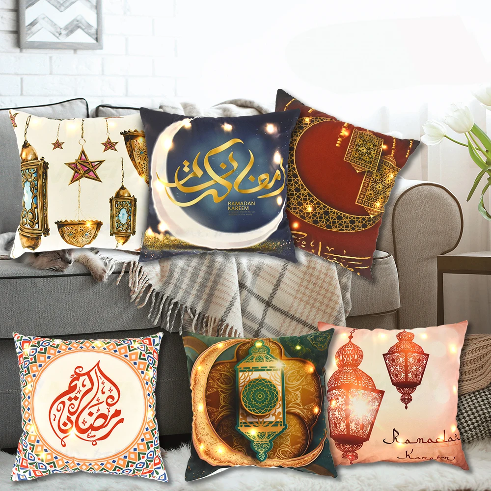 

Eid Mubarak Pillowcase LED Glowing Cushion Cover Ramadan Decoration for Home Islamic Muslim Ramadan Kareem Luminous Pillow Cases