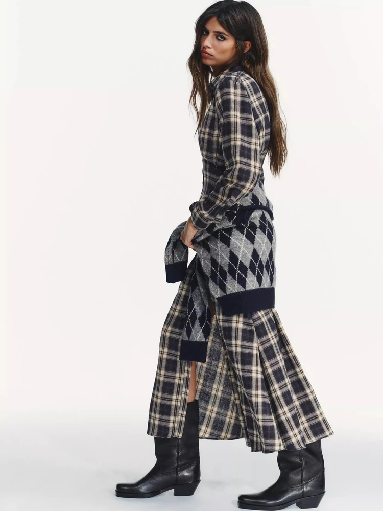 Herfst Winter Nieuwe Collectie Lange Gevouwen Kraag Plaid Midi irt Dr vrouwen Pendelen Faionable Vintage Sle Katoenmix