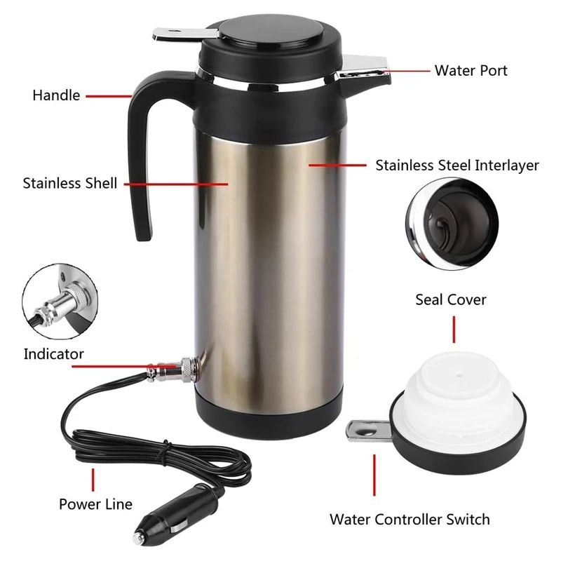 Car Kettle 12V 1200Ml Electric Car Kettle Travel Heater Large Capacity Tea Coffee Car Boiler Suitable For Camping Gold