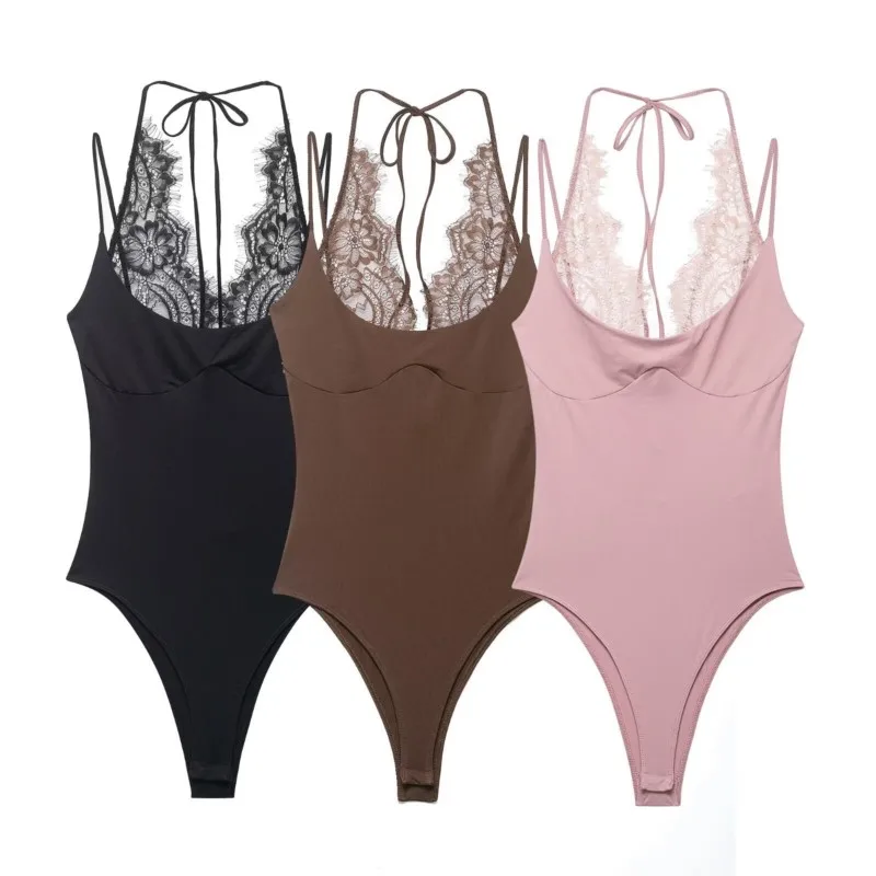 Trendy Party Sexy Women Jumpsuit Patchwork Lace Halter Backless Bodysuit New Fashion 2026 Spring Summer Holiday Jumpsuit