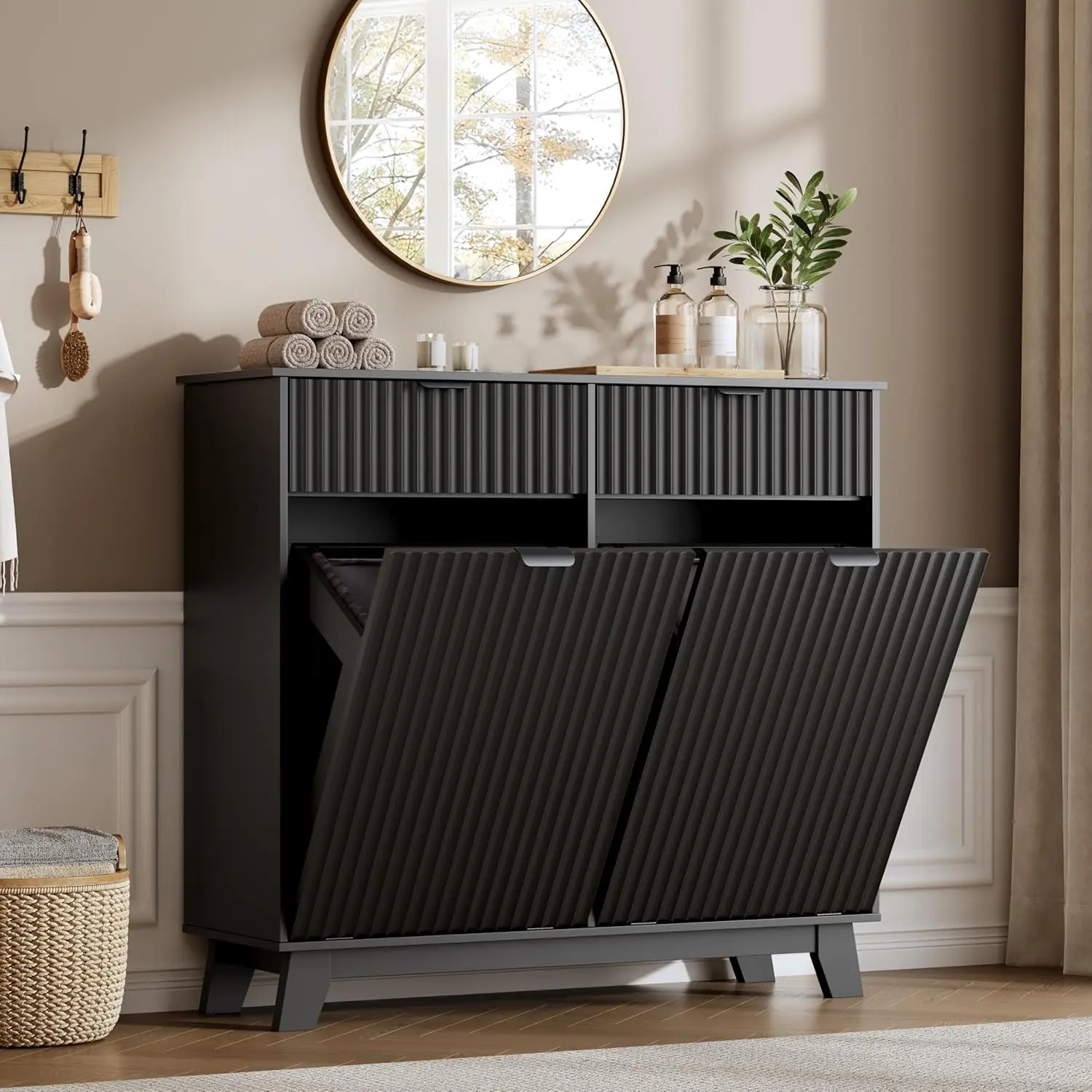 

Двойной наклонный шкаф-корзина для белья, 20-галонный деревянный шкаф для мусорного бака с ящиками для хранения, скрытый рифленый мусорный бак Ho