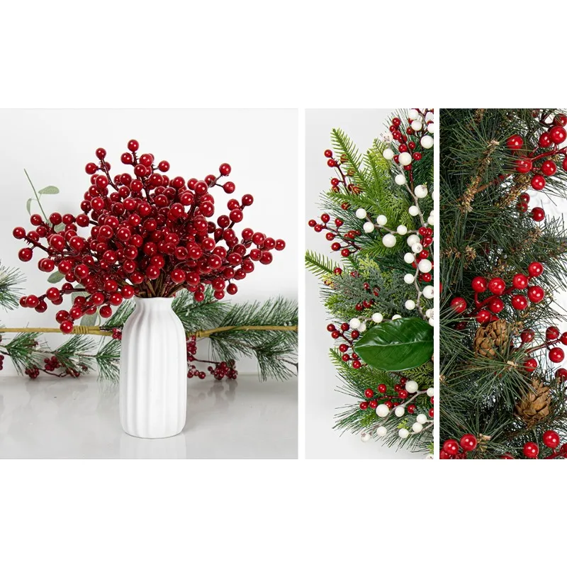 50er-Pack künstliche rote Beerenstiele mit Stechpalmenbeeren – realistische Weihnachtsbaumdekorationen aus Kunststoff für den Winter – Detail 3