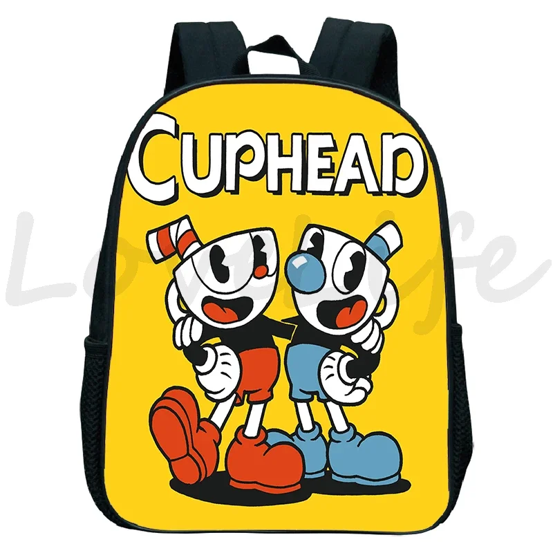 Cuphead Cartoon Print School Bags for Kids, Kindergarten Backpack, Toddler Bookbag, Impermeável, Anime, Meninos, Meninas, 12"