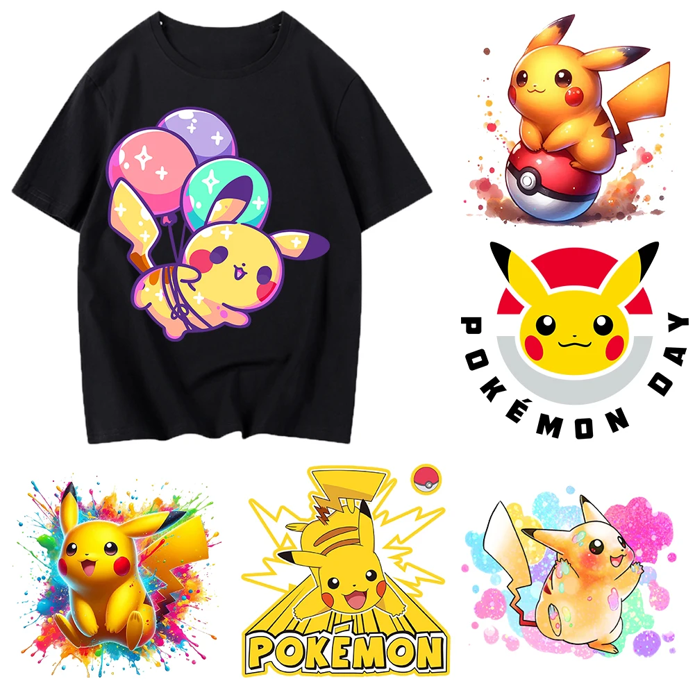 Japanese cartoon Pikachu Iron On Heat Transfer Stickers For Clothes DTF Pinted Vinyl Thermal Appliques Washable T-Shirt Decal