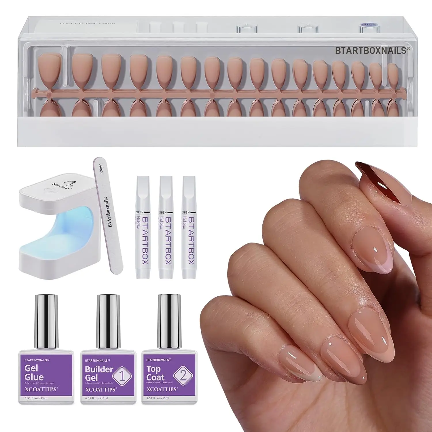 

Short Almond Press-On Nails Kit with French Tips, Gel, and UV Lamp for Easy DIY Manicures
